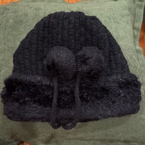 Black Knit Beanie with Pom Poms